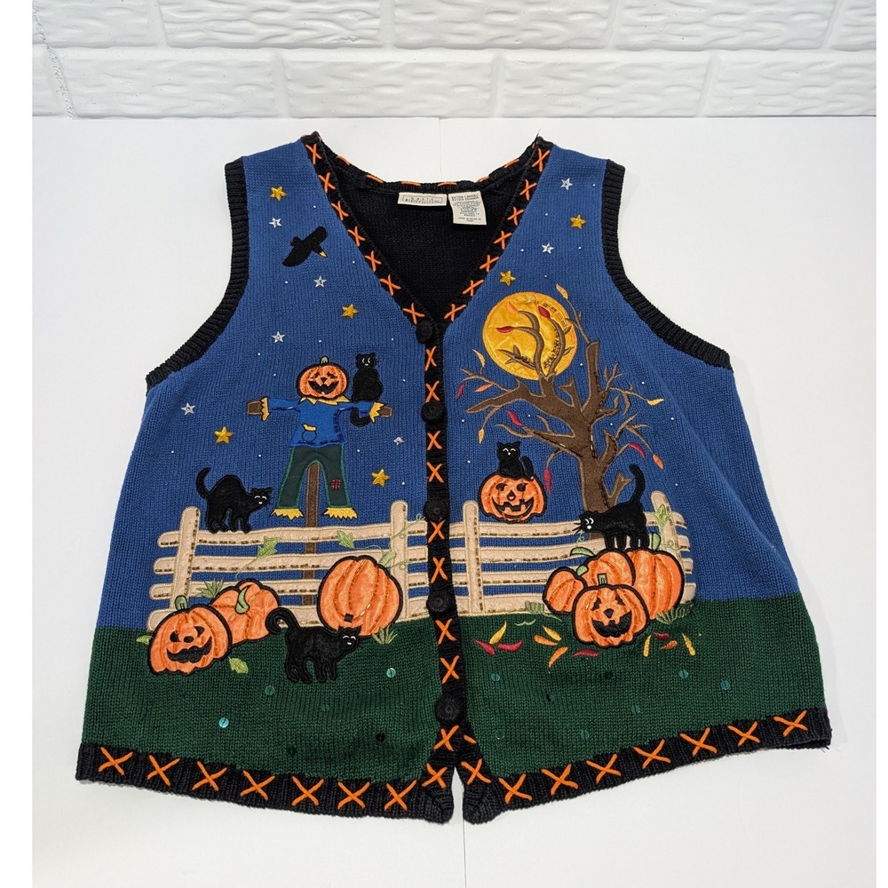 Vintage Halloween Sweater Vest Black Cats Jack O Lanterns Granny Knit Teacher XL